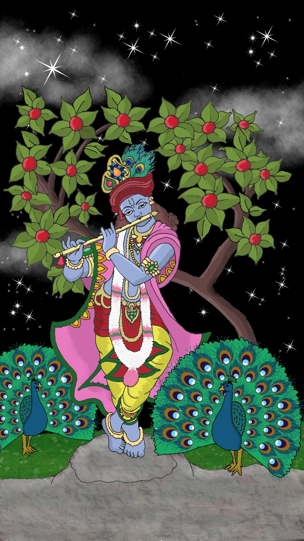 Lord Krishna with Peacocks.